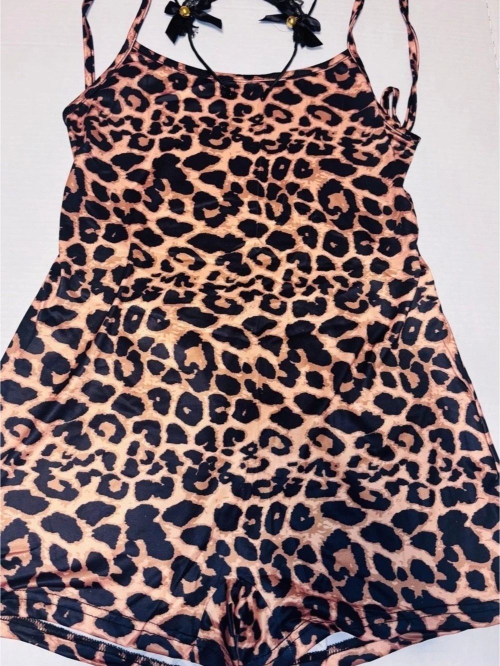 Sexy Leopard Print Cat Romper shorts set w/ matching Headband Halloween costume
